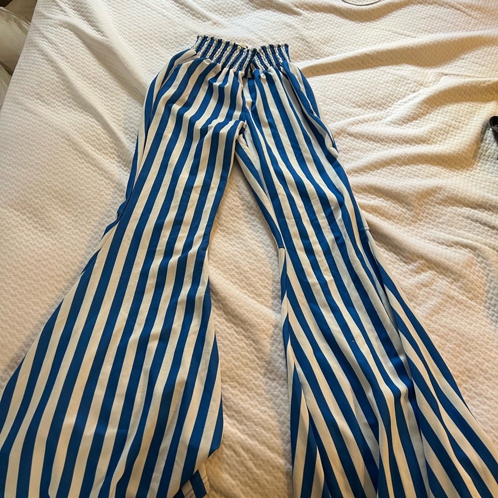 Blue and White Striped Flare Pants